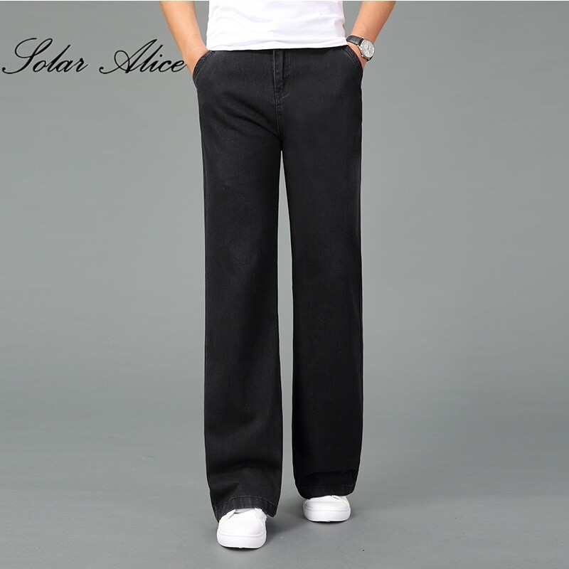 Noua vară 2023 pentru bărbați, subțiri, ușoare, blugi drepți cu picioare largi, pantaloni evazați casual de afaceri, negru, albastru