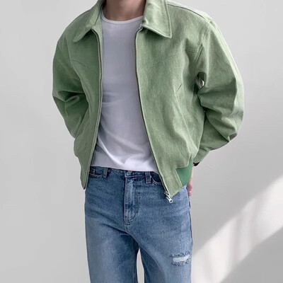 Ανδρικό μπουφάν μπουφάν που ανοίγει γιακά με άνοιξη ρετρό συνονθύλευμα με φερμουάρ Κοντό παλτό Πανωφόρι Streetwear Ανδρικά δερμάτινα μπουφάν