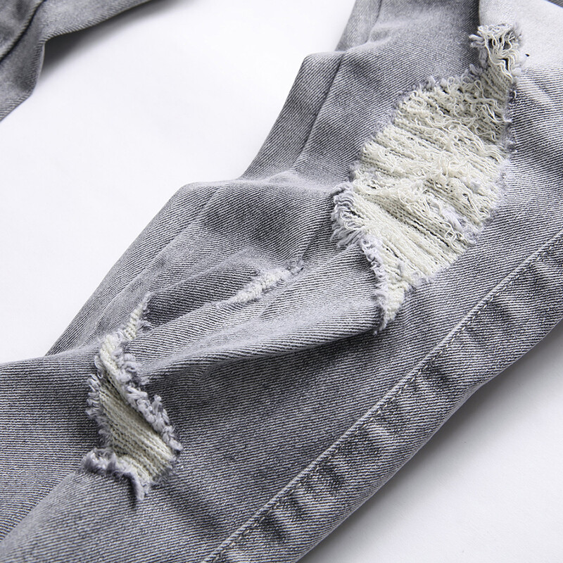 Bărbați, broderie șarpe, blugi gri din denim, îmbrăcăminte de stradă, găuri, rupte, învechite, elastice, pantaloni drepți, slim, brodați