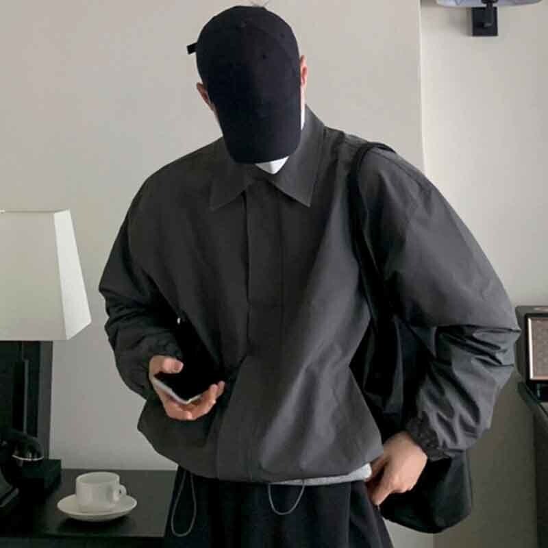 IEFB Férfi dzsekik Alkalmi lehajtható gallér egyszínű zsebek húzózsinór bő férfi rövid kabátok elegáns férfi viselet tavaszi új 9C4622