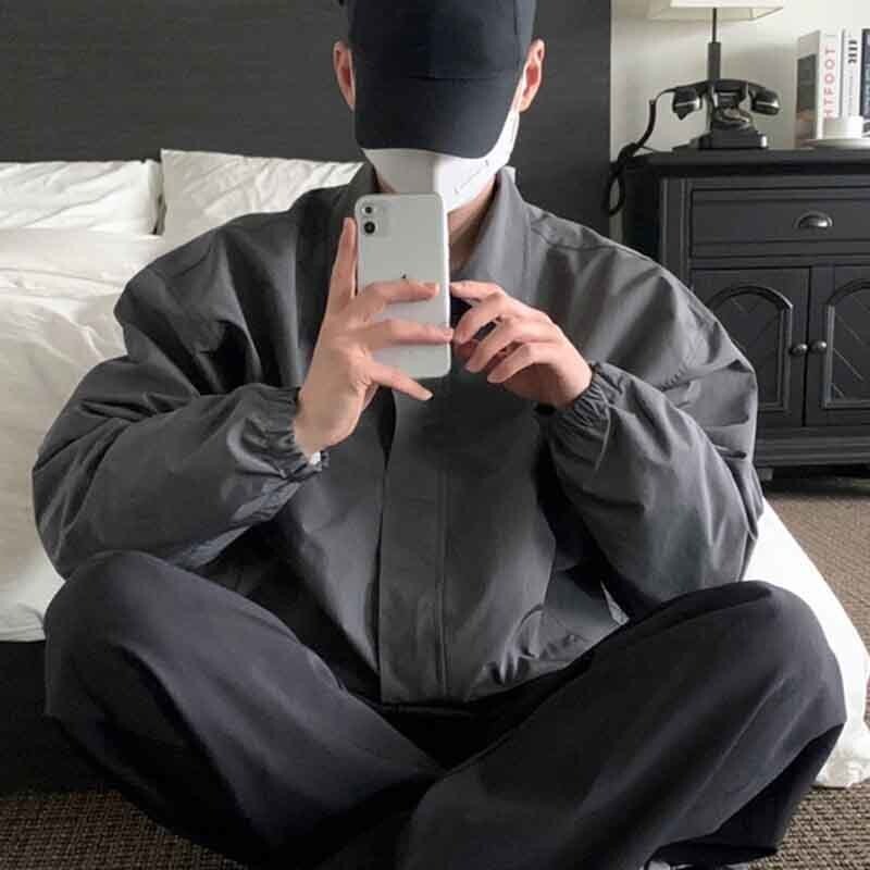 IEFB Férfi dzsekik Alkalmi lehajtható gallér egyszínű zsebek húzózsinór bő férfi rövid kabátok elegáns férfi viselet tavaszi új 9C4622