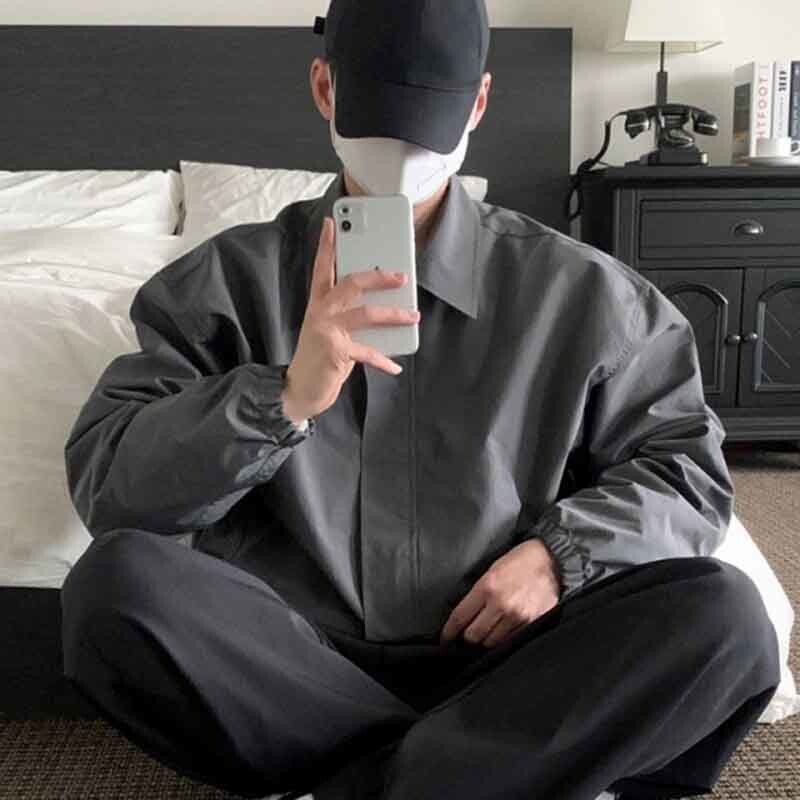 IEFB Férfi dzsekik Alkalmi lehajtható gallér egyszínű zsebek húzózsinór bő férfi rövid kabátok elegáns férfi viselet tavaszi új 9C4622