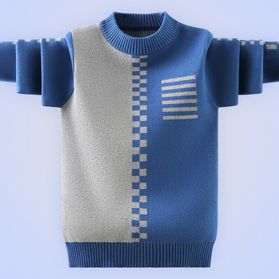 Пуловер за момчета Есен Зима Детски пуловери за момчета Топли плетени горнища Ученически дрехи Модни цветни пачуърк детски пуловери