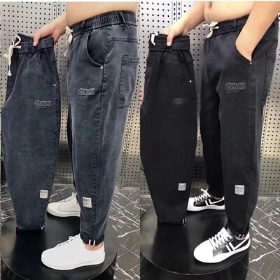 Harajuku Stretch Korea Streetwear Loose Solid Denim Džinsi Elastīgs Viduklis Vīriešiem Pavasaris Vasara Jauns plus izmērs 7XL 8XL Ikdienas bikses