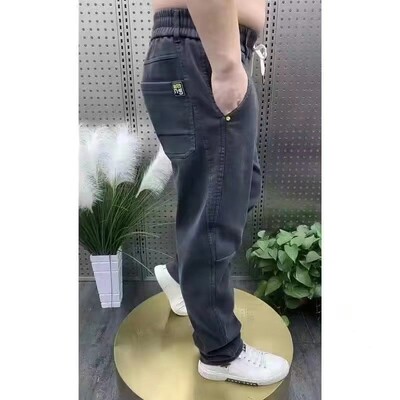 Harajuku Stretch Korea Streetwear Blugi largi, solidi, din denim, cu talie elastică pentru bărbați, primăvară, vară, plus mărime, pantaloni casual 7XL 8XL