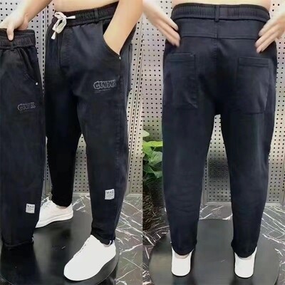 Harajuku Stretch Korea Streetwear Blugi largi, solidi, din denim, cu talie elastică pentru bărbați, primăvară, vară, plus mărime, pantaloni casual 7XL 8XL