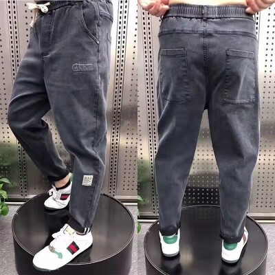 Harajuku Stretch Korea Streetwear Blugi largi, solidi, din denim, cu talie elastică pentru bărbați, primăvară, vară, plus mărime, pantaloni casual 7XL 8XL