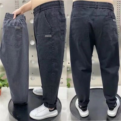 Harajuku Stretch Korea Streetwear Blugi largi, solidi, din denim, cu talie elastică pentru bărbați, primăvară, vară, plus mărime, pantaloni casual 7XL 8XL