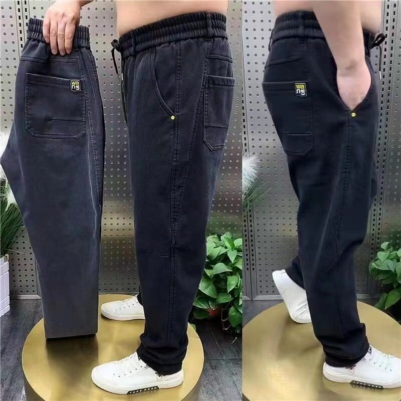 Harajuku Stretch Korea Streetwear Blugi largi, solidi, din denim, cu talie elastică pentru bărbați, primăvară, vară, plus mărime, pantaloni casual 7XL 8XL
