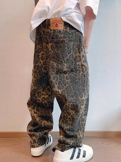 HOUZHOU Tan Leopard Jeans Мъжки дънкови панталони Мъжки извънгабаритни панталони с широки крачоли Streetwear Hip Hop Vintage Loose Casual Animal Print