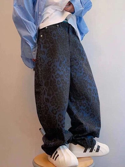 HOUZHOU Blugi leopard, cafeniu, pantaloni de denim pentru bărbați, pantaloni supradimensionați pentru bărbați, pantaloni largi, îmbrăcăminte de stradă, hip hop, epocă, lejer, casual, imprimeu cu animale