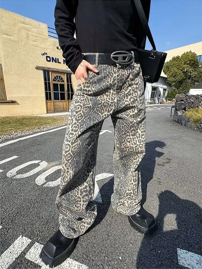 HOUZHOU Blugi leopard, cafeniu, pantaloni de denim pentru bărbați, pantaloni supradimensionați pentru bărbați, pantaloni largi, îmbrăcăminte de stradă, hip hop, epocă, lejer, casual, imprimeu cu animale