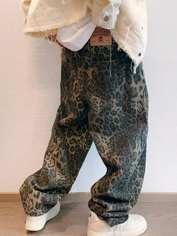 HOUZHOU Blugi leopard, cafeniu, pantaloni de denim pentru bărbați, pantaloni supradimensionați pentru bărbați, pantaloni largi, îmbrăcăminte de stradă, hip hop, epocă, lejer, casual, imprimeu cu animale