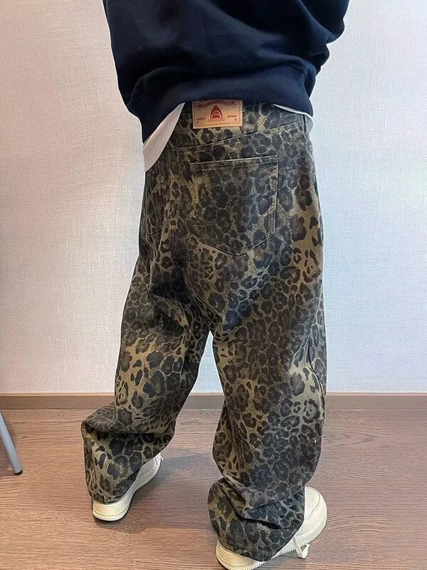 HOUZHOU Blugi leopard, cafeniu, pantaloni de denim pentru bărbați, pantaloni supradimensionați pentru bărbați, pantaloni largi, îmbrăcăminte de stradă, hip hop, epocă, lejer, casual, imprimeu cu animale