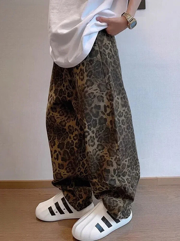 HOUZHOU Blugi leopard, cafeniu, pantaloni de denim pentru bărbați, pantaloni supradimensionați pentru bărbați, pantaloni largi, îmbrăcăminte de stradă, hip hop, epocă, lejer, casual, imprimeu cu animale