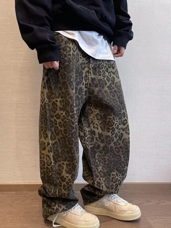 HOUZHOU Blugi leopard, cafeniu, pantaloni de denim pentru bărbați, pantaloni supradimensionați pentru bărbați, pantaloni largi, îmbrăcăminte de stradă, hip hop, epocă, lejer, casual, imprimeu cu animale