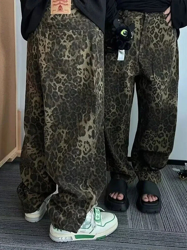 HOUZHOU Blugi leopard, cafeniu, pantaloni de denim pentru bărbați, pantaloni supradimensionați pentru bărbați, pantaloni largi, îmbrăcăminte de stradă, hip hop, epocă, lejer, casual, imprimeu cu animale