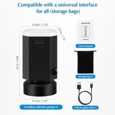 Hordozható légszivattyú USB újratölthető szivattyú vákuumos tárolótáskákhoz, Univerzális utazószivattyú kompressziós ruhákhoz, poggyászhoz, takaróhoz