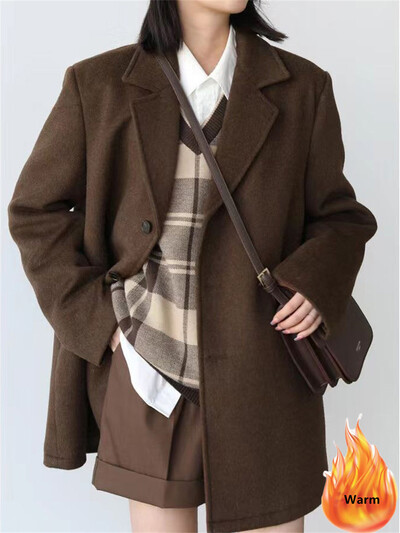 Korejsko toplo vuneno odijelo srednje dužine Kaput s debelim V izrezom Ženske nove široke parke Zimske jednoredne jakne od mješavine vune Casaco