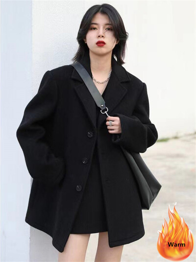 Korejsko toplo vuneno odijelo srednje dužine Kaput s debelim V izrezom Ženske nove široke parke Zimske jednoredne jakne od mješavine vune Casaco