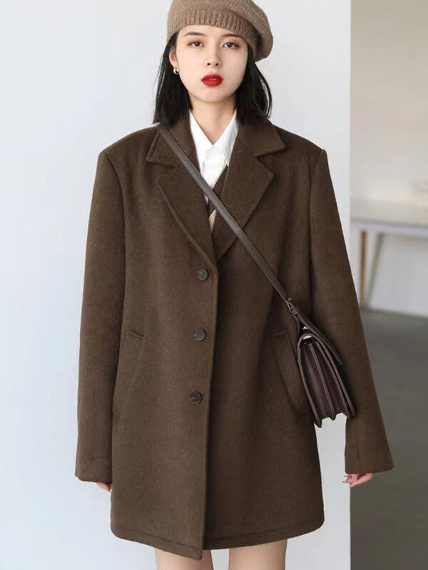 Korejsko toplo vuneno odijelo srednje dužine Kaput s debelim V izrezom Ženske nove široke parke Zimske jednoredne jakne od mješavine vune Casaco