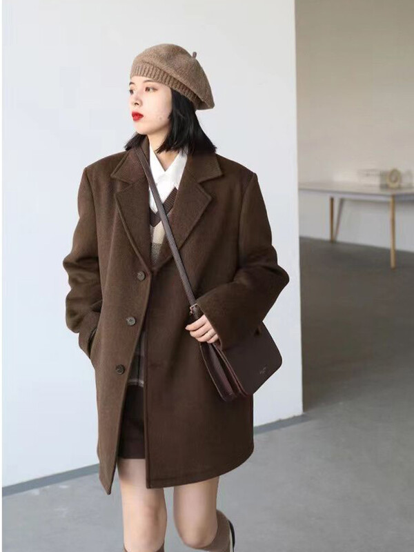 Korejsko toplo vuneno odijelo srednje dužine Kaput s debelim V izrezom Ženske nove široke parke Zimske jednoredne jakne od mješavine vune Casaco