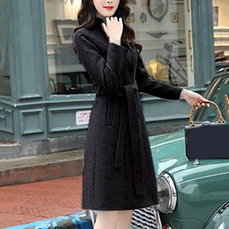 Φθινοπωρινό Χειμώνα Γυναικείο μάλλινο παλτό Μεσαίου μήκους γιακά καμπαρντίνα Μονόχρωμο Μονόχρωμο τσέπες Πανωφόρι Streetwear