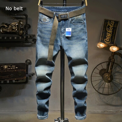 Vintage zili džinsi Vīriešu slaidas rudens jauna mode, elastīgas motociklu bikses, ielas apģērbs, mazas kājas, ikdienas korejiešu džinsa bikses