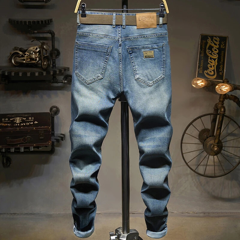 Vintage zili džinsi Vīriešu slaidas rudens jauna mode, elastīgas motociklu bikses, ielas apģērbs, mazas kājas, ikdienas korejiešu džinsa bikses