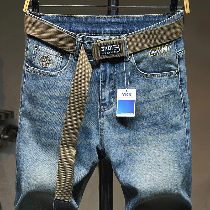 Vintage zili džinsi Vīriešu slaidas rudens jauna mode, elastīgas motociklu bikses, ielas apģērbs, mazas kājas, ikdienas korejiešu džinsa bikses