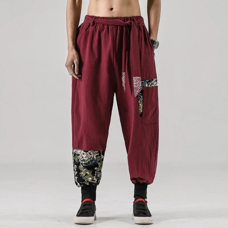 Kimono japonez pentru bărbați din bumbac, cânepă, samurai, centură imprimată Ukiyo-e, pantaloni haren retro, pantaloni țesuți cu pene, Harajuku, hip hop