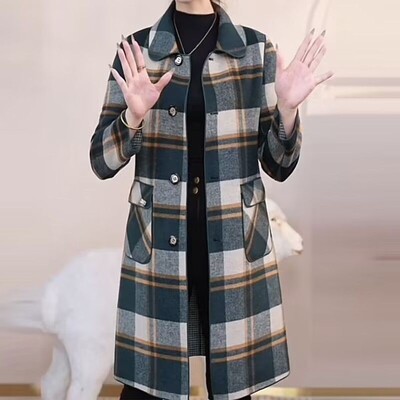 Jachetă de lână, de primăvară și toamnă, de înaltă calitate, lungă, de înaltă calitate, haină de mamă de vârstă mijlocie, jachetă de modă, jachetă în carouri dublu