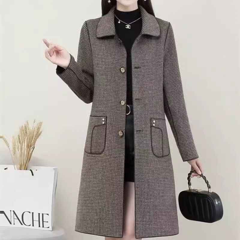 Jachetă de lână, de primăvară și toamnă, de înaltă calitate, lungă, de înaltă calitate, haină de mamă de vârstă mijlocie, jachetă de modă, jachetă în carouri dublu