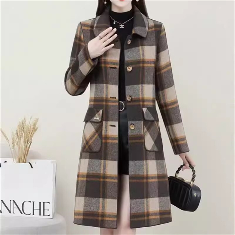 Jachetă de lână, de primăvară și toamnă, de înaltă calitate, lungă, de înaltă calitate, haină de mamă de vârstă mijlocie, jachetă de modă, jachetă în carouri dublu