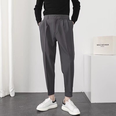 Pantaloni de modă pentru bărbați, talie elastică, picioare mici, subțiri, coreeane, formale, plisate, conice, pentru bărbați, pantaloni clasici, pantaloni de streetwear