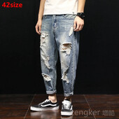 Τρύπες τζιν άντρες φαρδιά εννέα καλοκαιρινά παντελόνια μέχρι τον αστράγαλο παράγραφος μεγάλο μέγεθος παντελόνι μικρό πόδι beggar παντελόνι haren σκισμένο τζιν