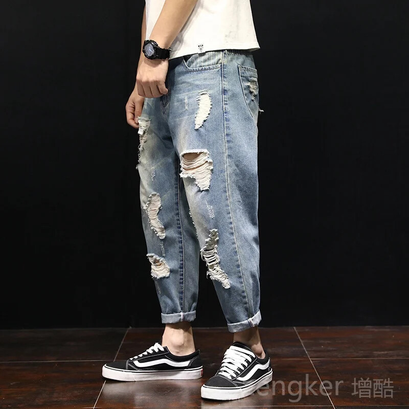 Τρύπες τζιν άντρες φαρδιά εννέα καλοκαιρινά παντελόνια μέχρι τον αστράγαλο παράγραφος μεγάλο μέγεθος παντελόνι μικρό πόδι beggar παντελόνι haren σκισμένο τζιν
