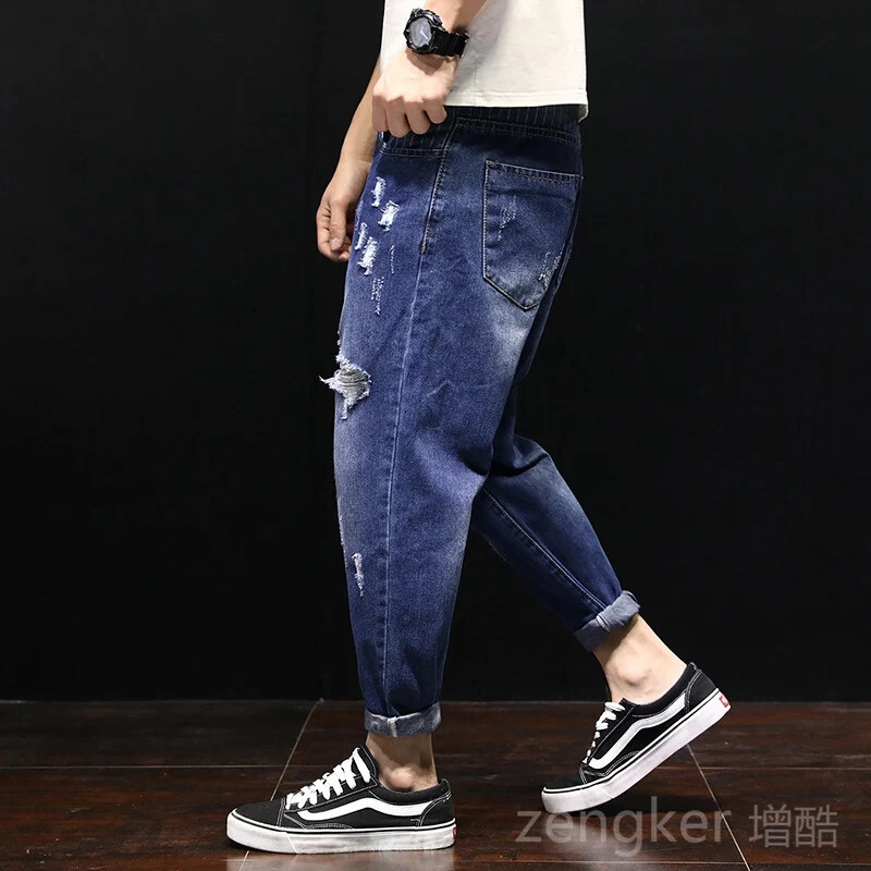 Τρύπες τζιν άντρες φαρδιά εννέα καλοκαιρινά παντελόνια μέχρι τον αστράγαλο παράγραφος μεγάλο μέγεθος παντελόνι μικρό πόδι beggar παντελόνι haren σκισμένο τζιν
