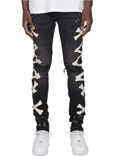 Blugi de bărbați, casual, inteligenți, cu petice încrucișate osoase, genunchi, distruși, spălați, rupti, blugi pentru bărbați