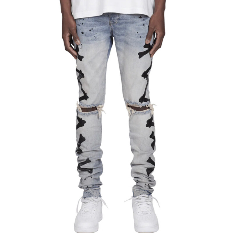 Blugi de bărbați, casual, inteligenți, cu petice încrucișate osoase, genunchi, distruși, spălați, rupti, blugi pentru bărbați