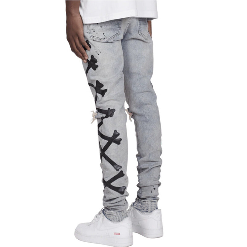 Blugi de bărbați, casual, inteligenți, cu petice încrucișate osoase, genunchi, distruși, spălați, rupti, blugi pentru bărbați