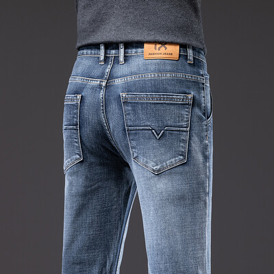 Toamnă 2023, noi, bărbați, blugi elastici, în formă regulată, stil clasic, gri fumuriu, modă, pantaloni casual din denim, pantaloni de marca masculină, albastru