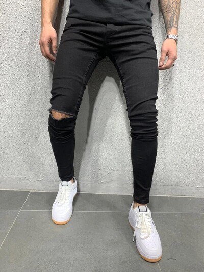 Retro Solid Stretch Ripped Skinny Teksad Meeste Basic Biker Slim Fit Elastsed Y2K Denim Cargo Püksid Casual Pantalones Hombre Joggers