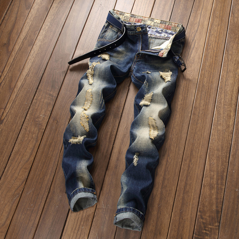 Τζιν τζιν ίσια γρατσουνιές Μόδα Ανδρικά παντελόνια Πολυτελή Vintag Hole Ruined Long Broken Fashion Κανονική εφαρμογή Μεγάλο μέγεθος