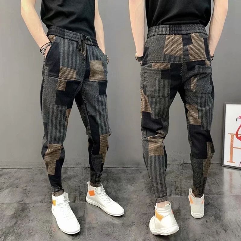 Pantaloni largi pentru bărbați, ocazional cu patchwork, imprimat, primăvară, toamnă, designer coreean, îmbrăcăminte de gimnastică, îmbrăcăminte de stradă japoneză, pantaloni de jogger harem pentru bărbați