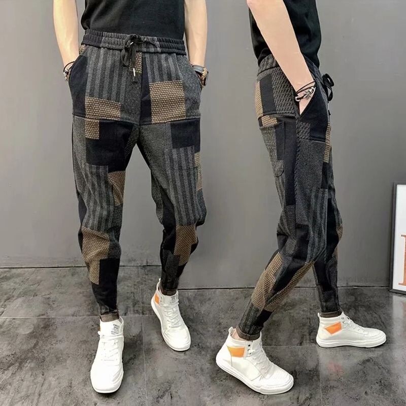 Pantaloni largi pentru bărbați, ocazional cu patchwork, imprimat, primăvară, toamnă, designer coreean, îmbrăcăminte de gimnastică, îmbrăcăminte de stradă japoneză, pantaloni de jogger harem pentru bărbați