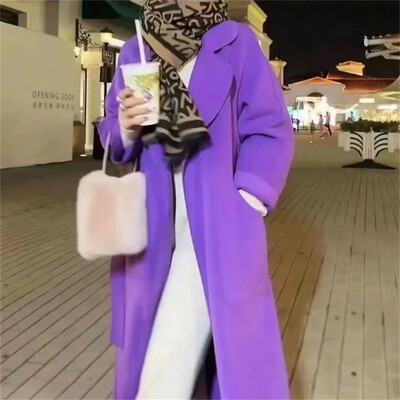 Μάλλινο παλτό υψηλής ποιότητας διπλής όψης Γυναικείο μεσαίο κορεάτικο παλτό φαρδύ και λεπτό στενό πλεκτό μαλλί Vintage μπλε 2023 Φθινόπωρο/Χειμώνας