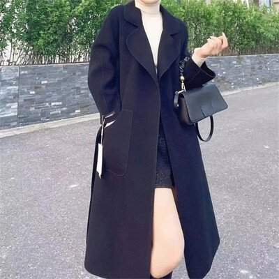 Μάλλινο παλτό υψηλής ποιότητας διπλής όψης Γυναικείο μεσαίο κορεάτικο παλτό φαρδύ και λεπτό στενό πλεκτό μαλλί Vintage μπλε 2023 Φθινόπωρο/Χειμώνας