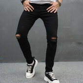 Pantaloni de blugi skinny stretch pentru bărbați, simpli, găuri solide, pantaloni de jogging, subțiri, creion, învechiți