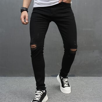 Мъжки обикновени плътни дупки High Street Stretch Skinny Jeans Панталони Мъжки Distressed Slim Pencil Jogging Denim панталони